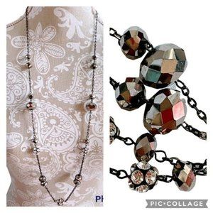 35” Black Chain Ab Black stones w Rhinestone Ball Faceted Beads Long Necklace